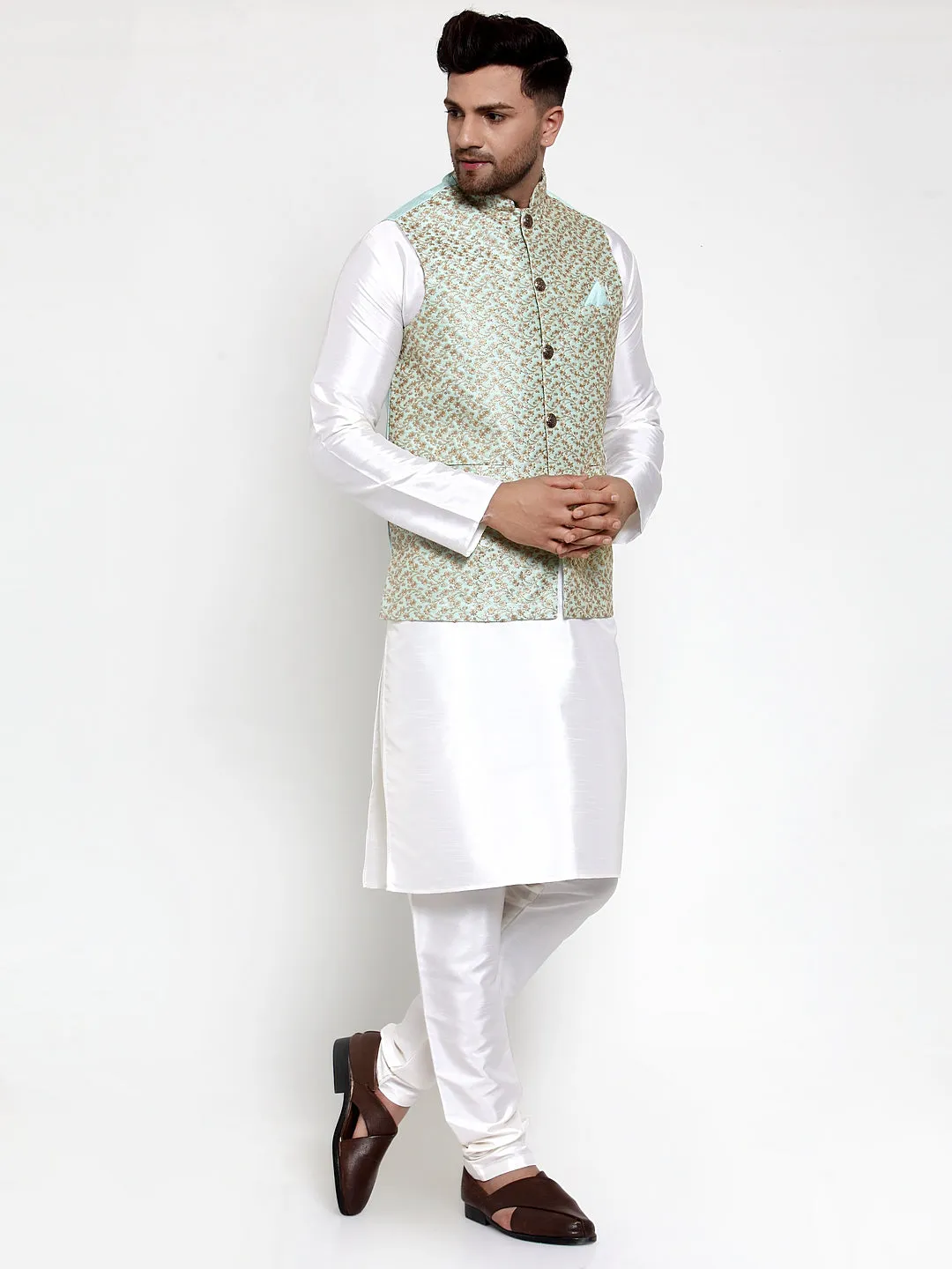 Jashvi Men's Solid Dupion Kurta Pajama with Embroidered Nehru Jacket