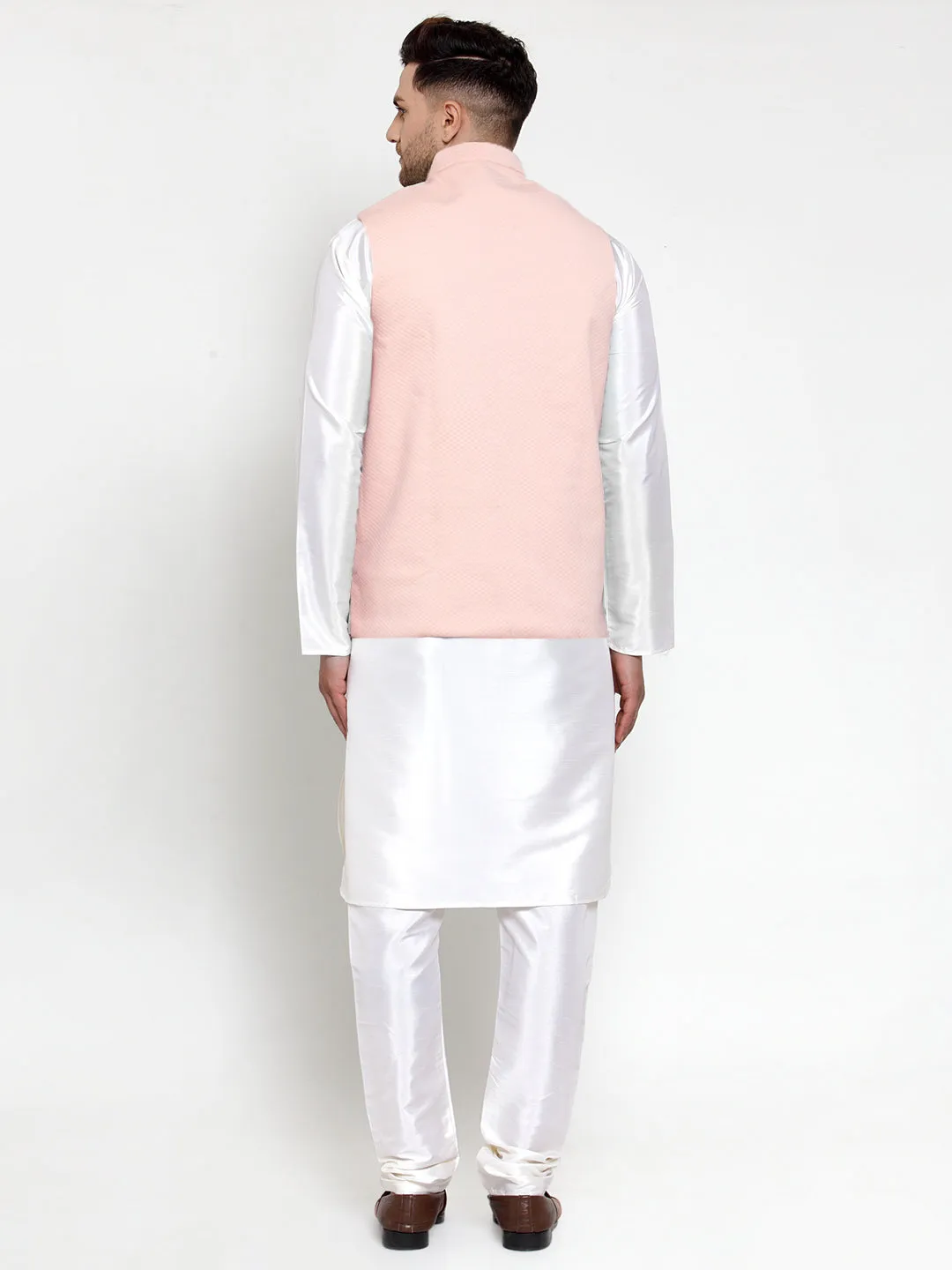 Jashvi Men's Solid Dupion Kurta Pajama with Woven Nehru Jacket