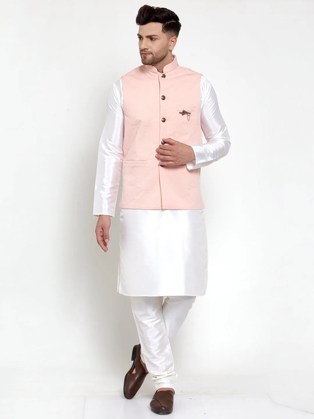 Jashvi Men's Solid Dupion Kurta Pajama with Woven Nehru Jacket