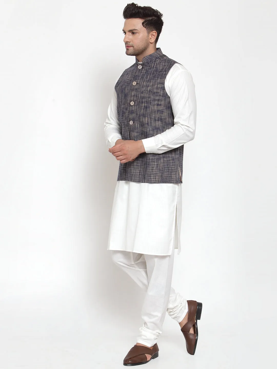 Jashvi Men's White Solid Kurta with Pyjamas & Blue Nehru Jacket