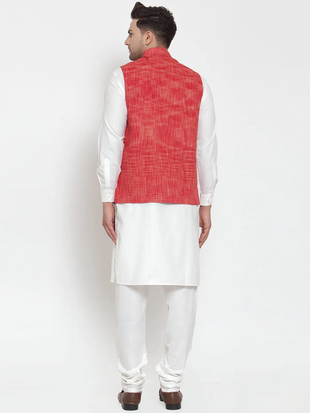 Jashvi Men's White Solid Kurta with Pyjamas & Red Nehru Jacket