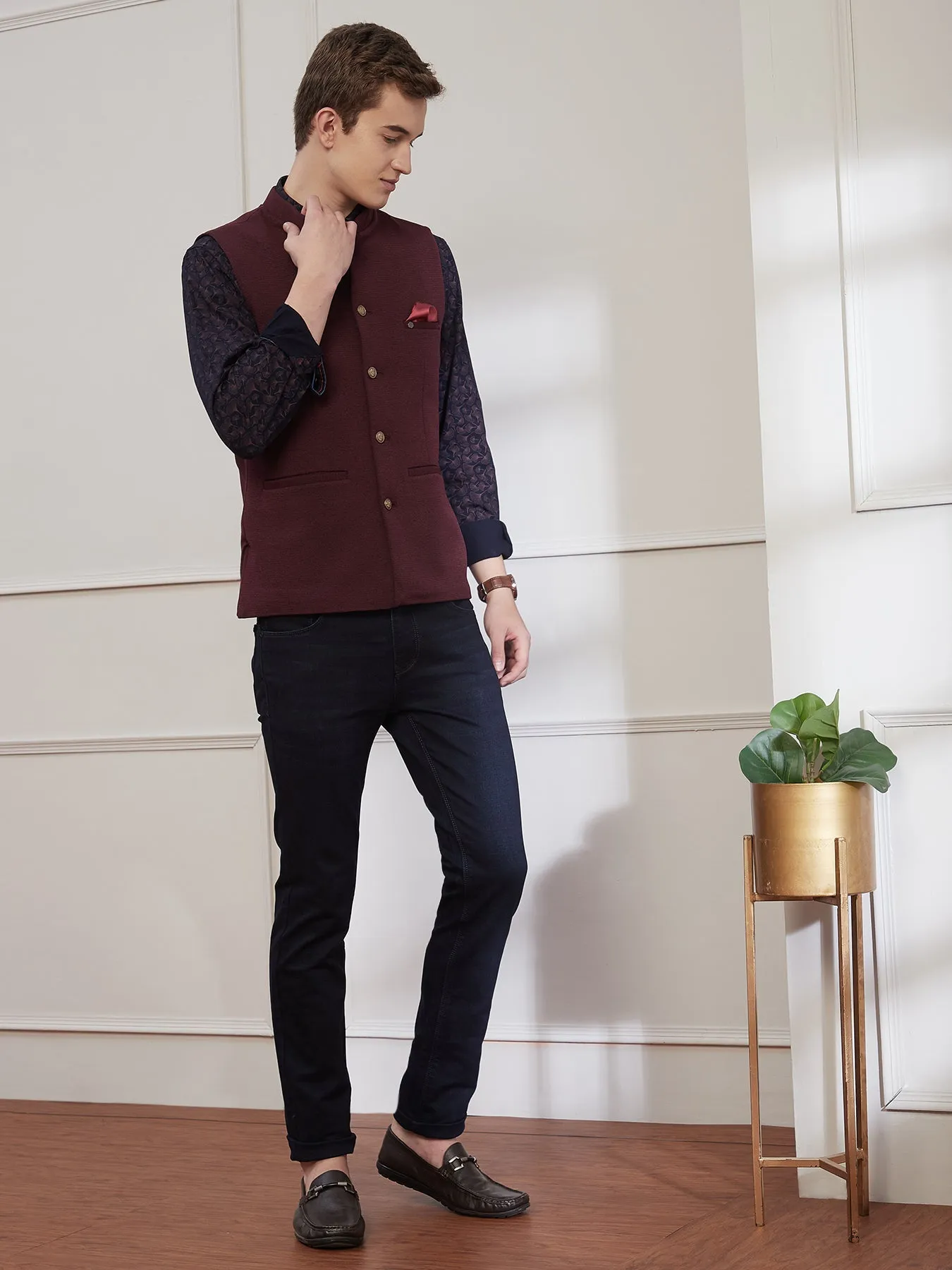 Knitted Terry Rayon Wine Dobby Slim Fit Sleeve Less Ceremonial Nehru Jacket