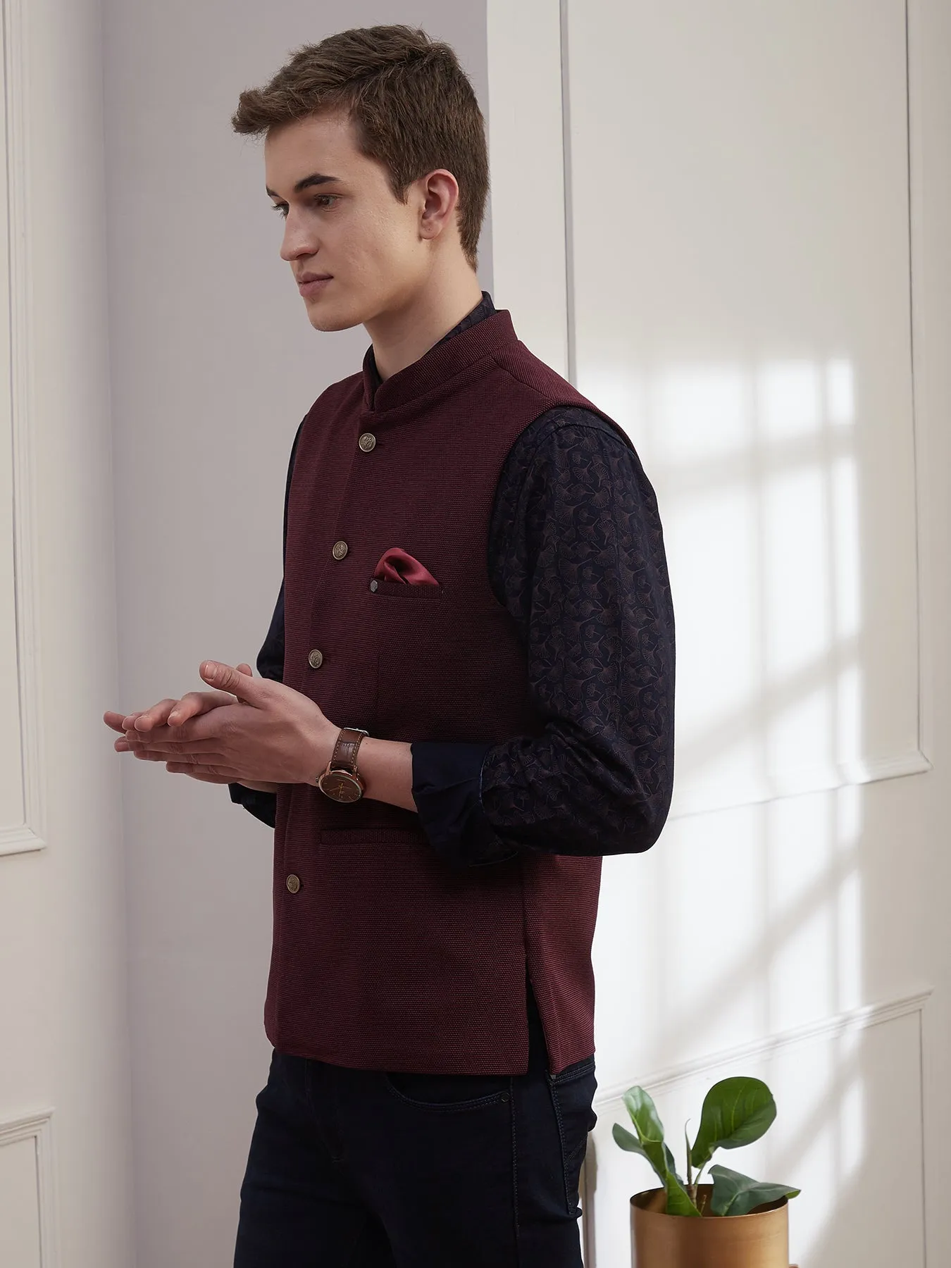 Knitted Terry Rayon Wine Dobby Slim Fit Sleeve Less Ceremonial Nehru Jacket