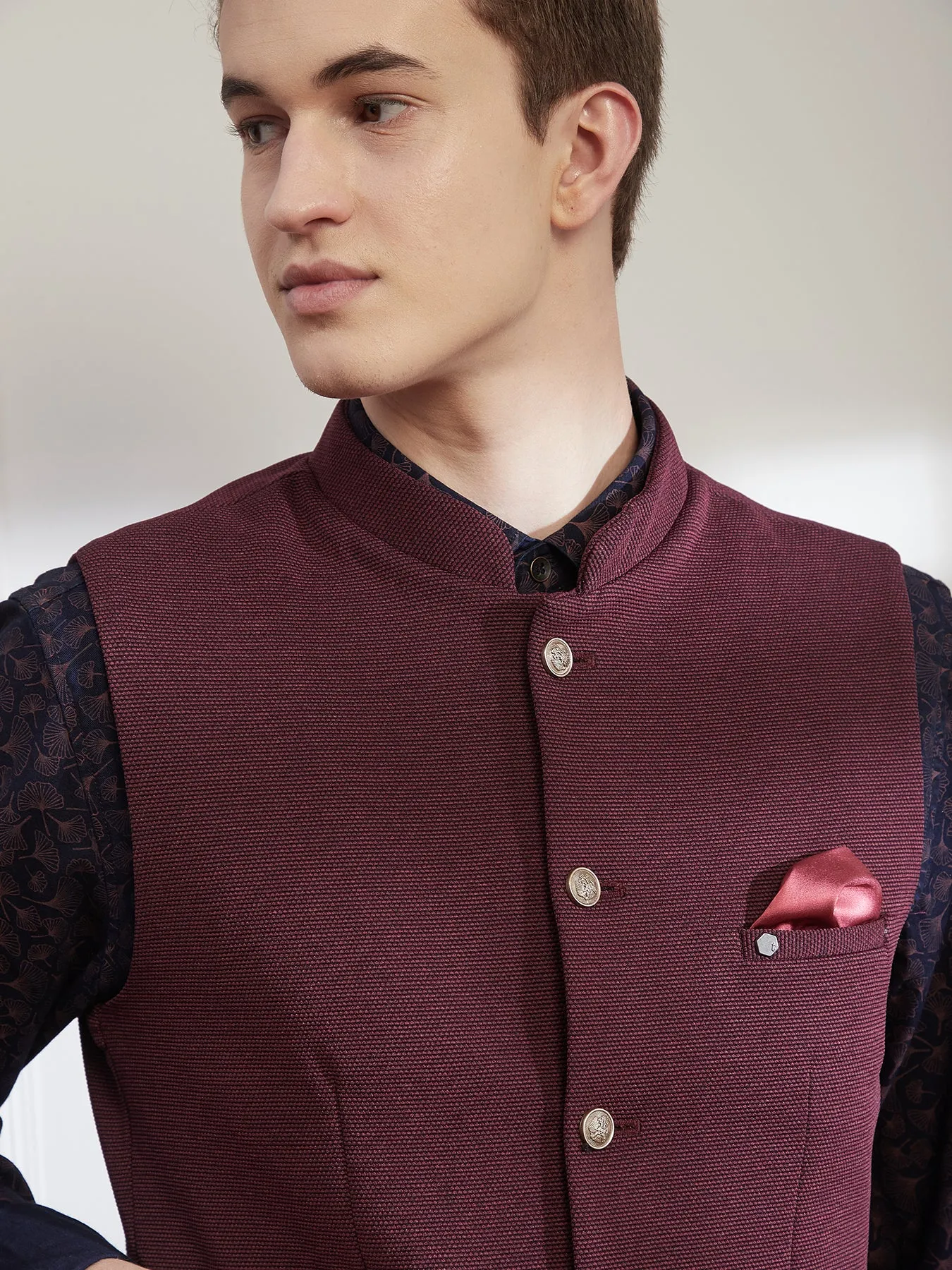 Knitted Terry Rayon Wine Dobby Slim Fit Sleeve Less Ceremonial Nehru Jacket