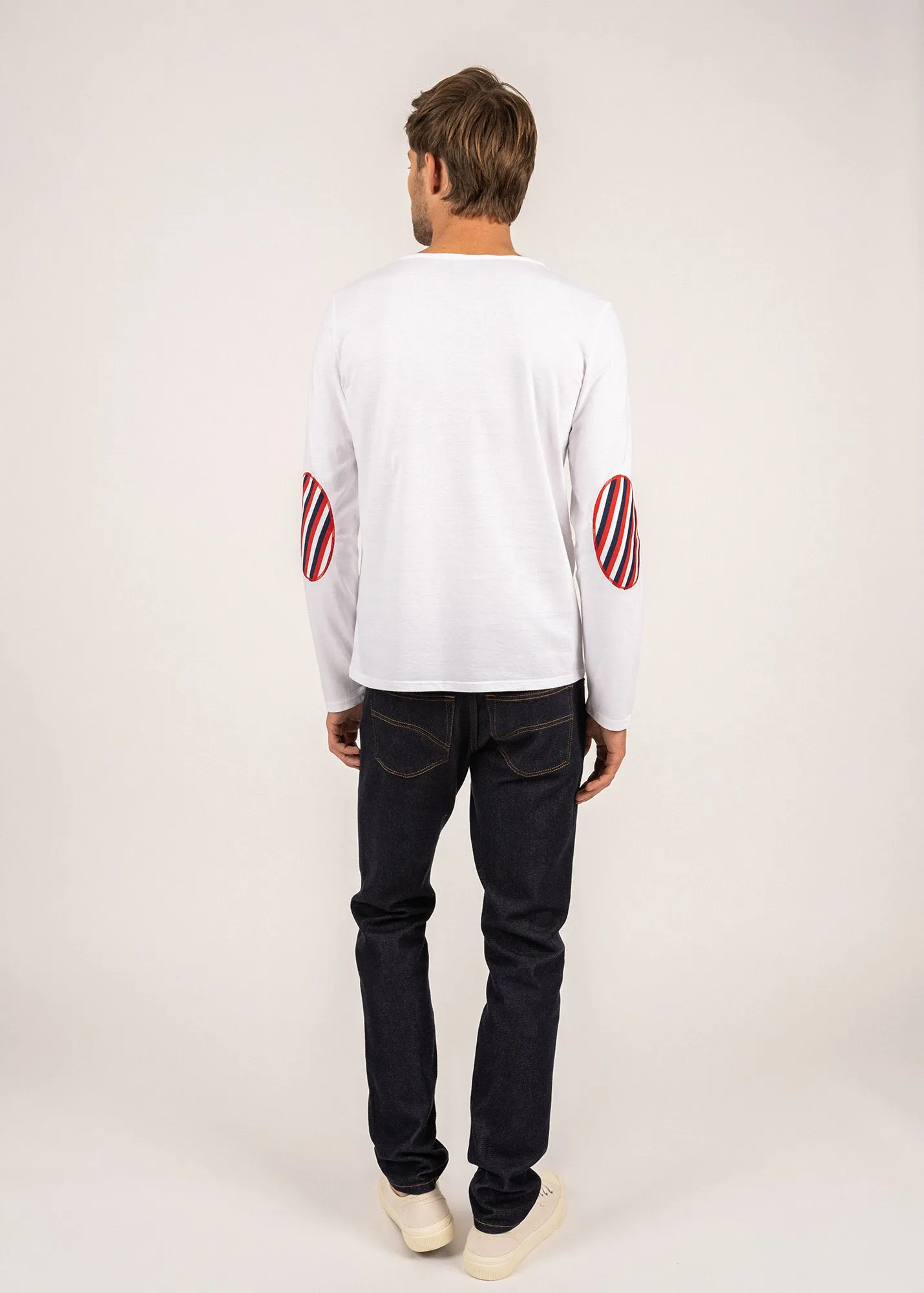 Long sleeve t-shirt with striped elbow patches - SAINT JAMES x Elysée (NEIGE/NEIGE/MARINE/TULIPE)