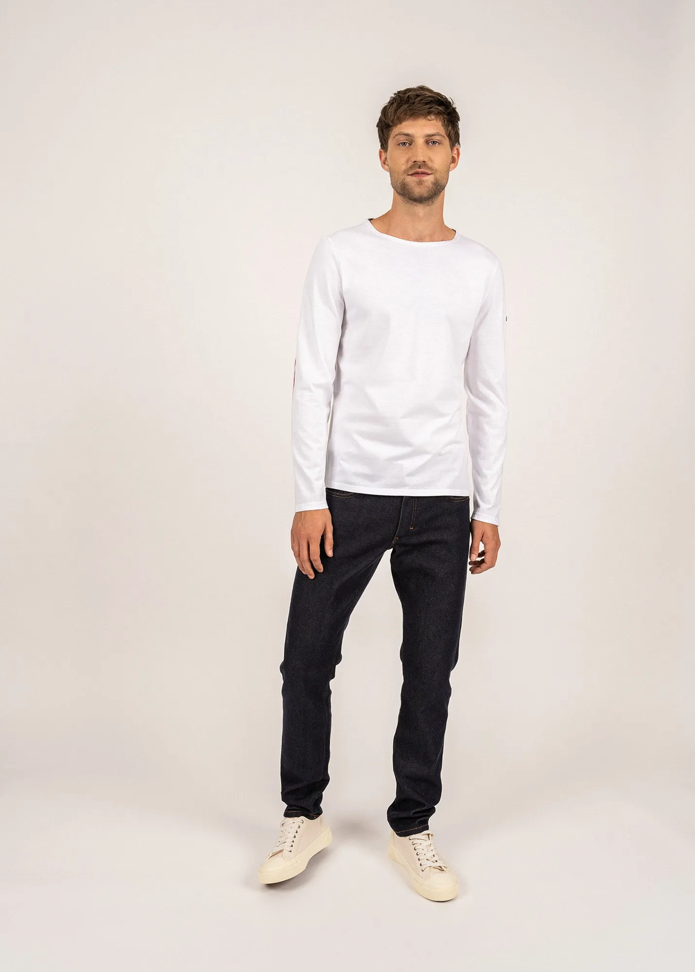 Long sleeve t-shirt with striped elbow patches - SAINT JAMES x Elysée (NEIGE/NEIGE/MARINE/TULIPE)