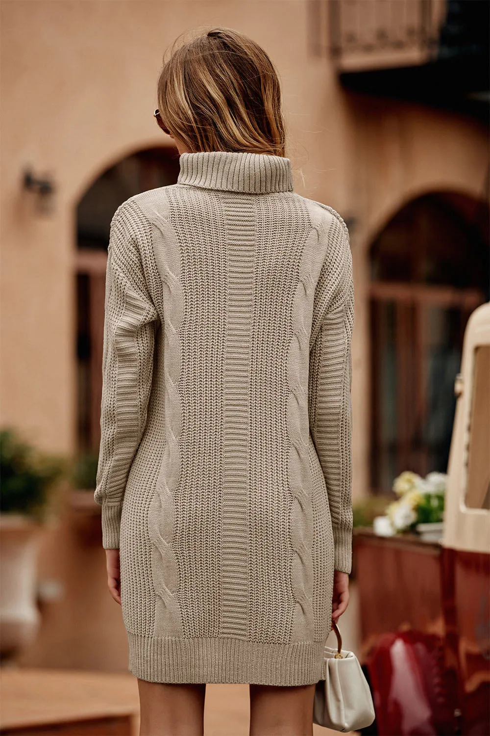 Long Sleeve Turtleneck Plain Winter Knit Sweater Dress