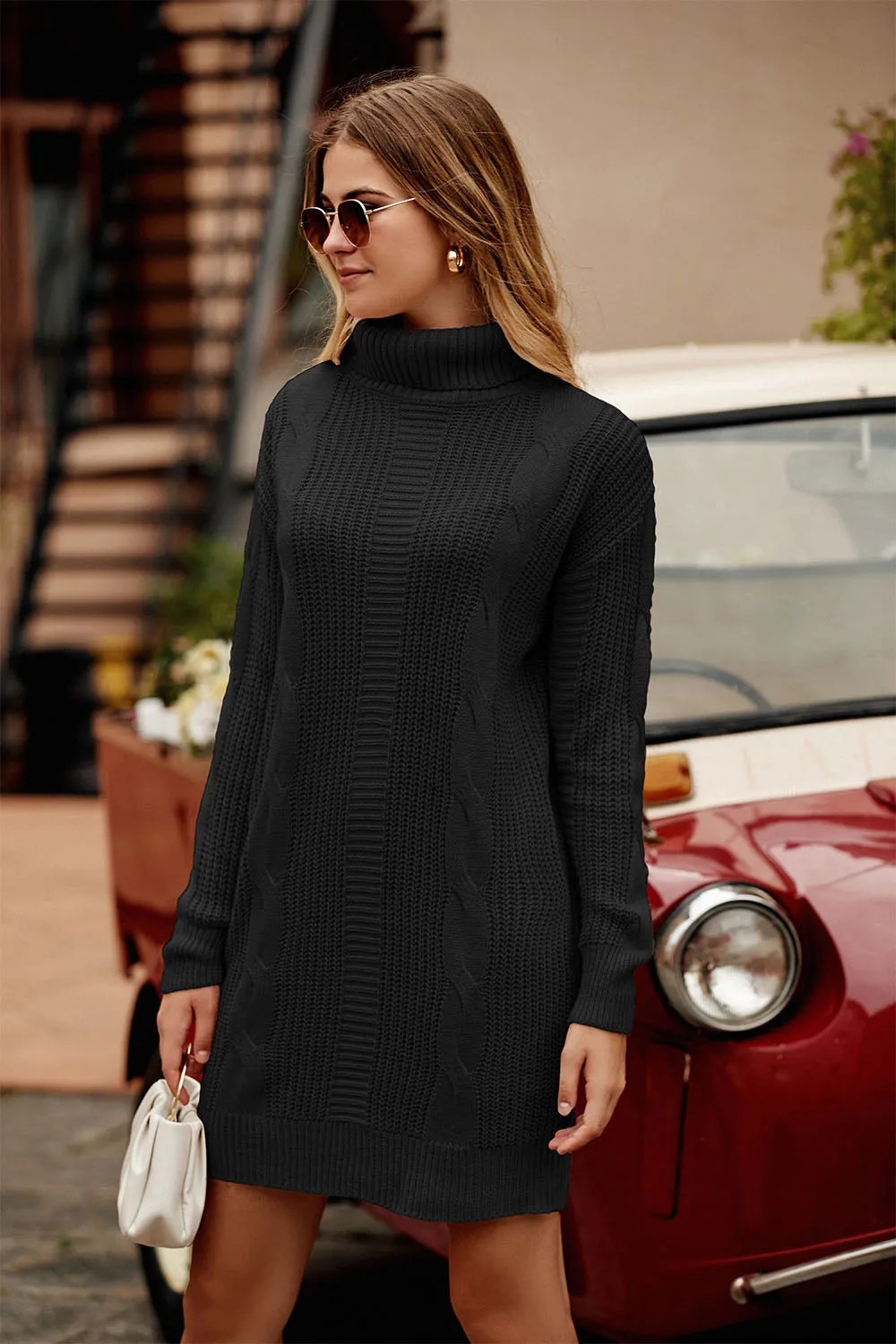 Long Sleeve Turtleneck Plain Winter Knit Sweater Dress