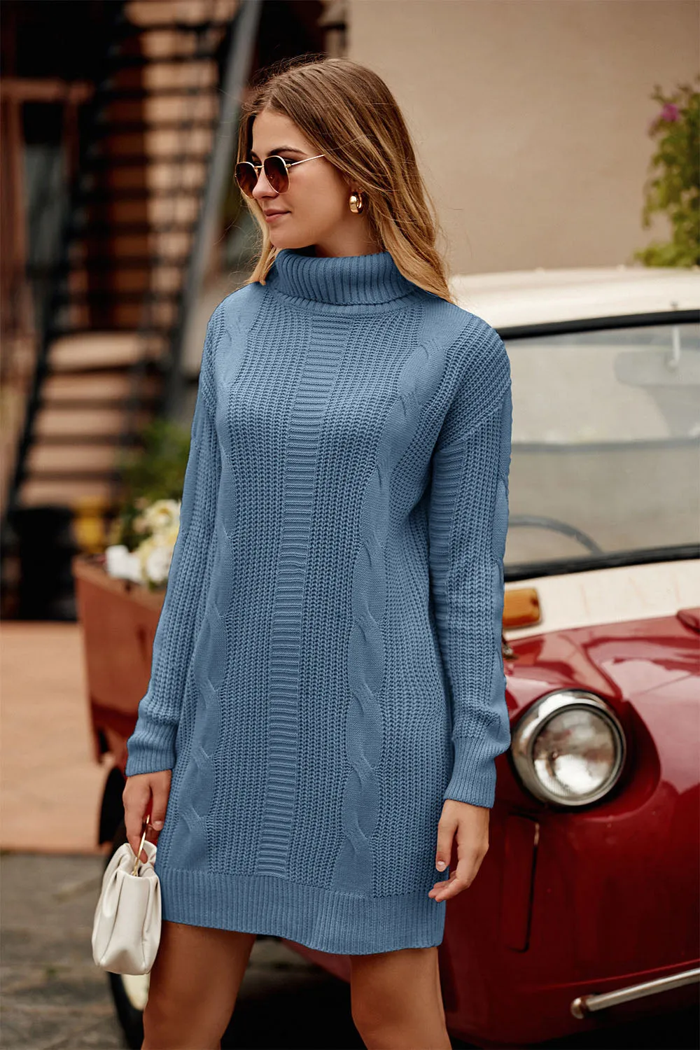 Long Sleeve Turtleneck Plain Winter Knit Sweater Dress