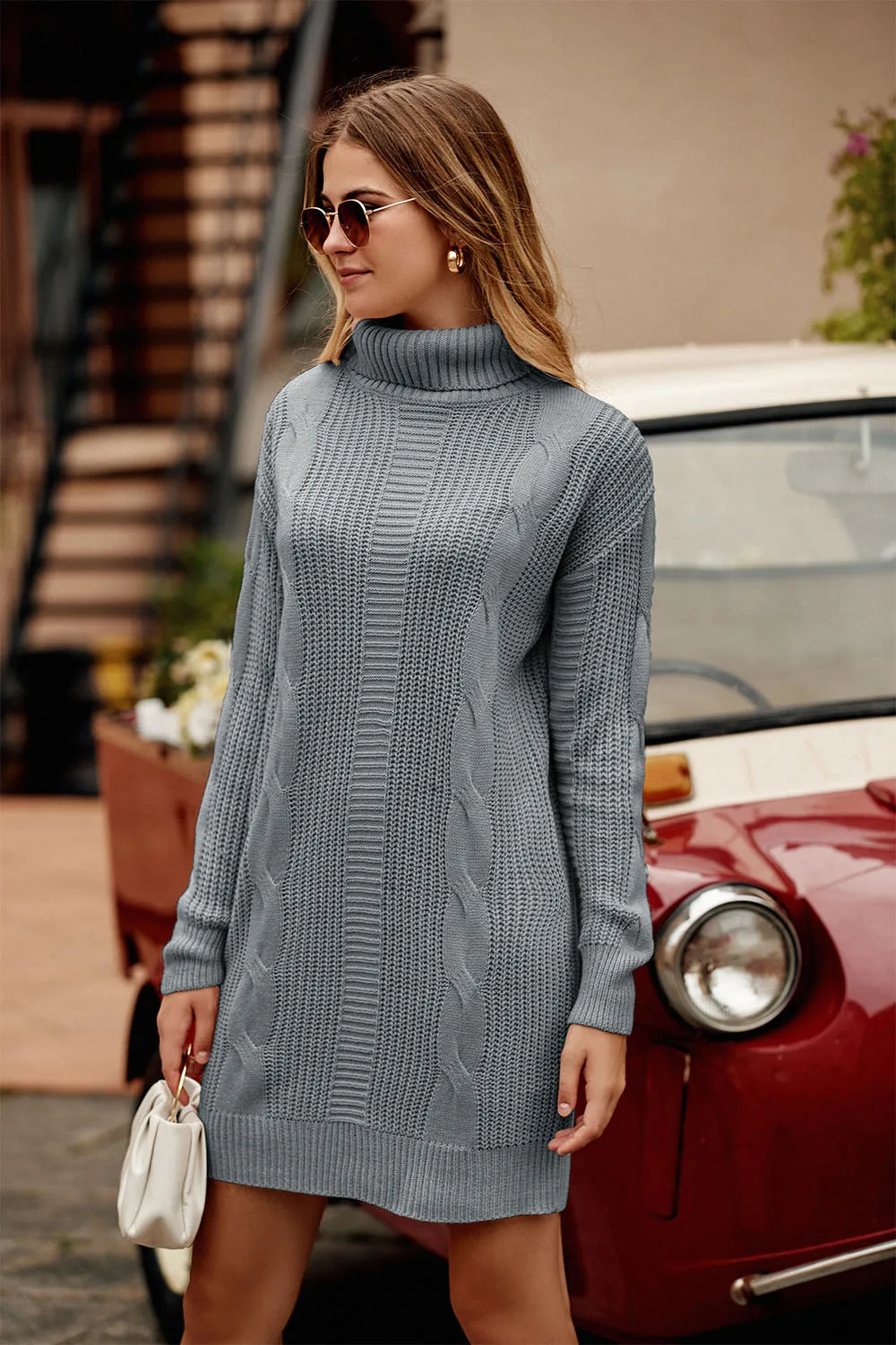 Long Sleeve Turtleneck Plain Winter Knit Sweater Dress