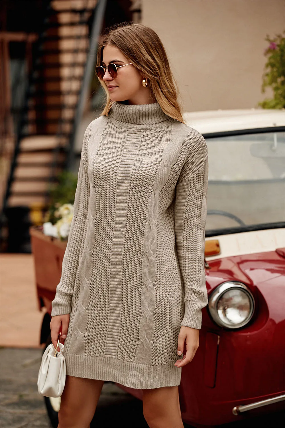 Long Sleeve Turtleneck Plain Winter Knit Sweater Dress