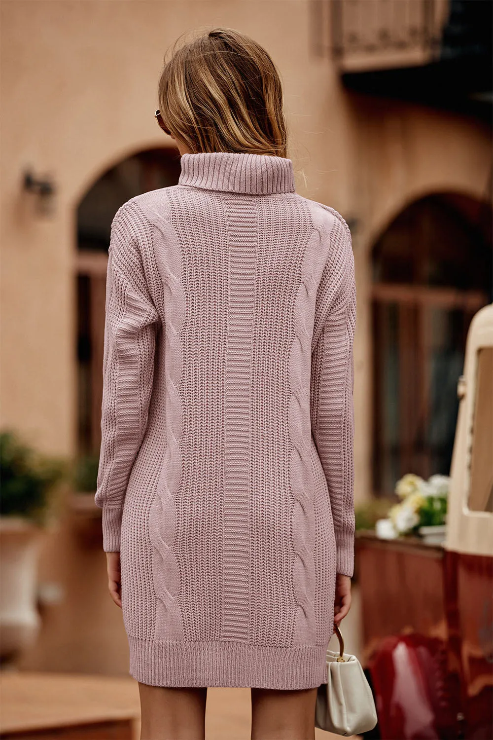 Long Sleeve Turtleneck Plain Winter Knit Sweater Dress