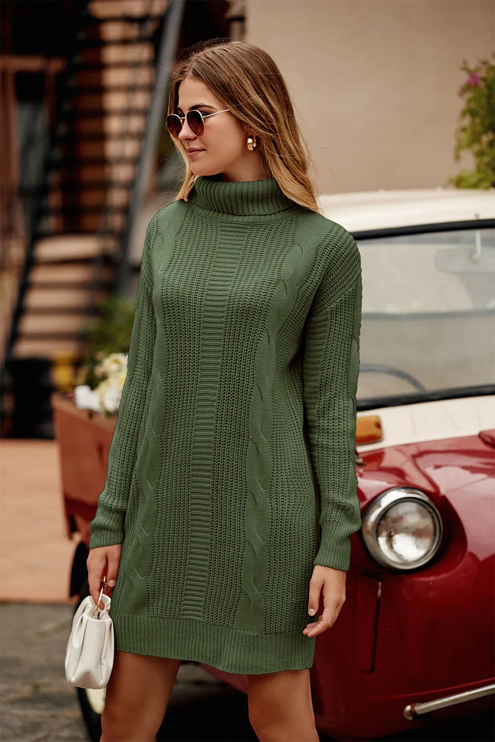 Long Sleeve Turtleneck Plain Winter Knit Sweater Dress