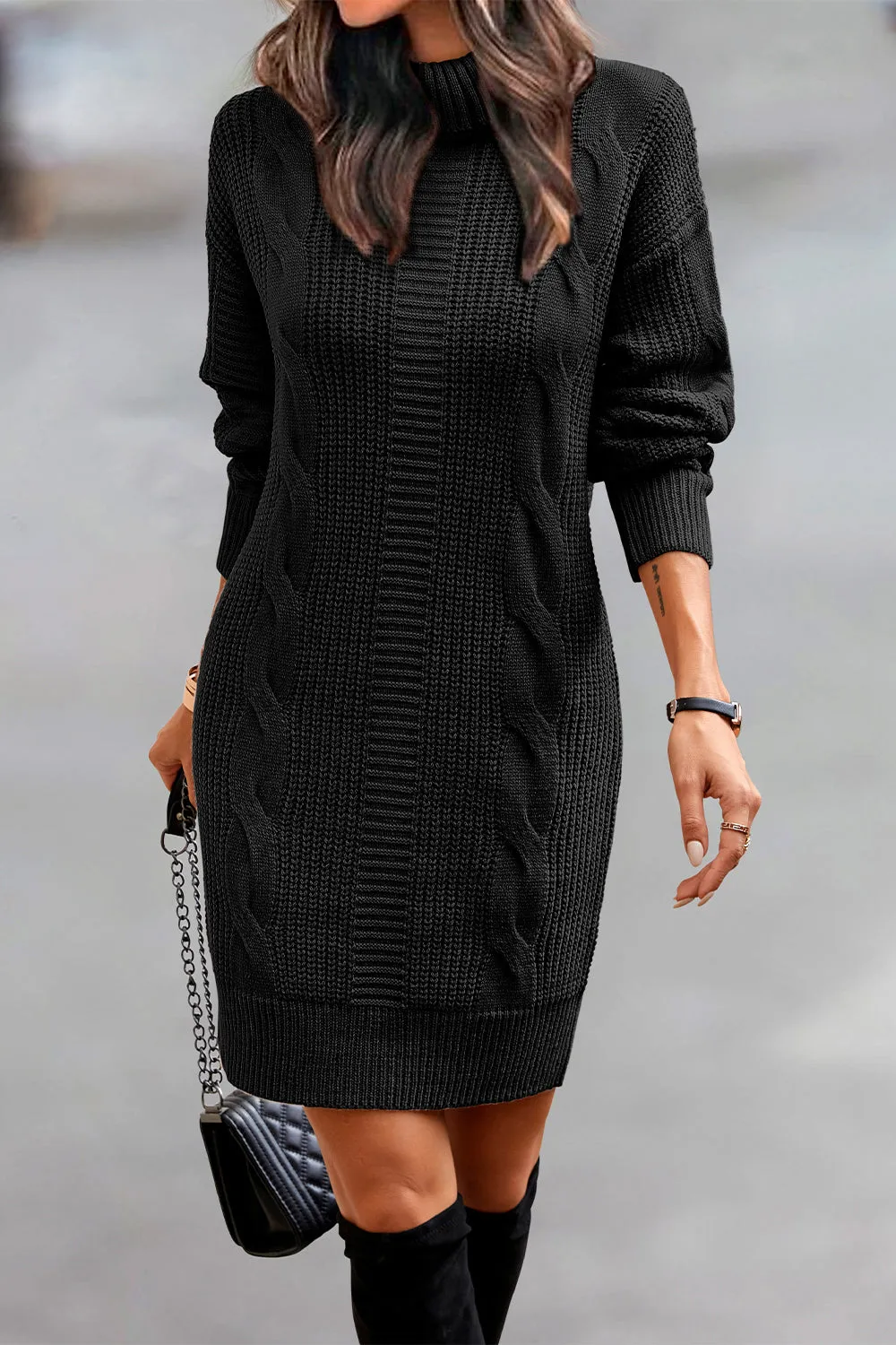 Long Sleeve Turtleneck Plain Winter Knit Sweater Dress