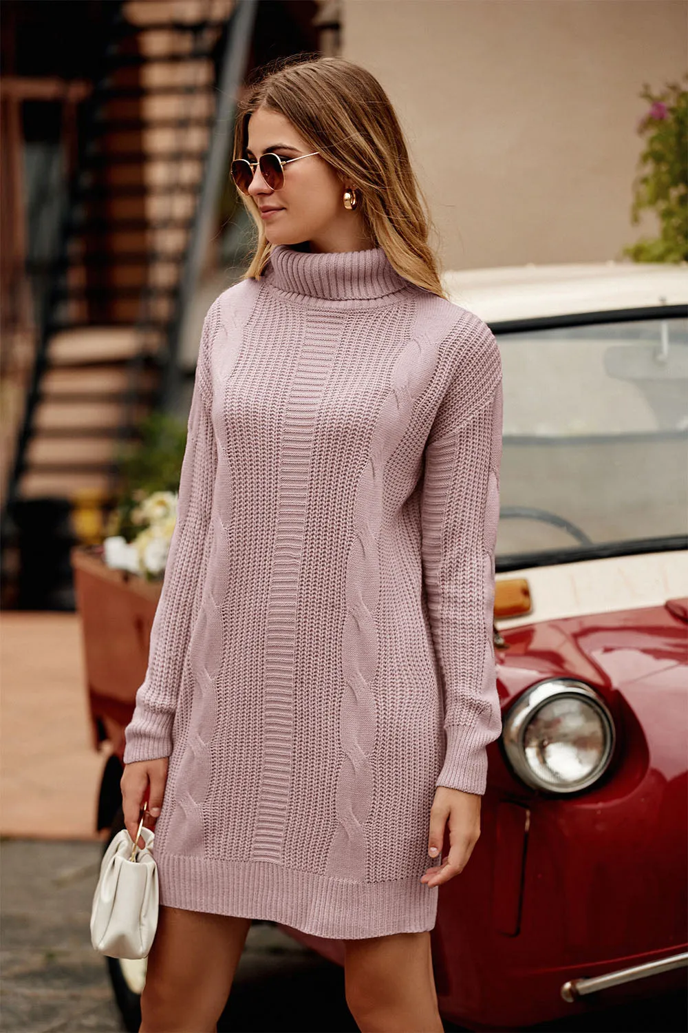 Long Sleeve Turtleneck Plain Winter Knit Sweater Dress