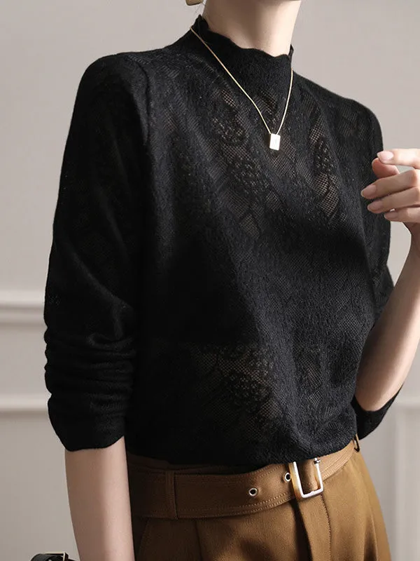 Long Sleeves Hollow Jacquard Solid Color Knitwear T-Shirts Tops