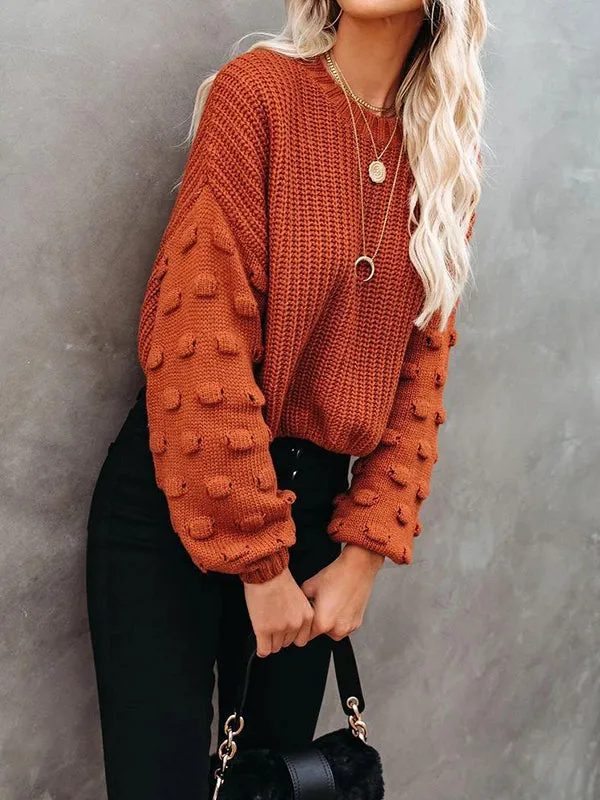 Long Sleeves Loose Hollow Solid Color Round-Neck Knitwear Pullovers Sweater Tops