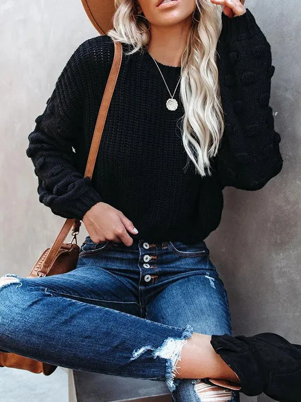 Long Sleeves Loose Hollow Solid Color Round-Neck Knitwear Pullovers Sweater Tops