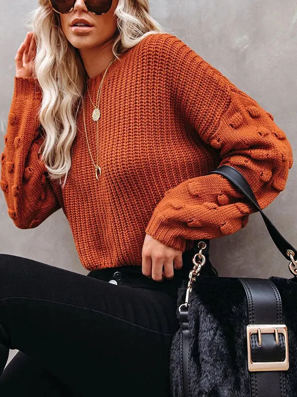 Long Sleeves Loose Hollow Solid Color Round-Neck Knitwear Pullovers Sweater Tops