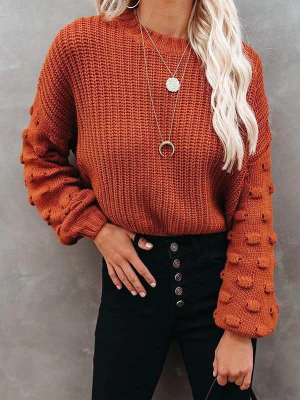 Long Sleeves Loose Hollow Solid Color Round-Neck Knitwear Pullovers Sweater Tops