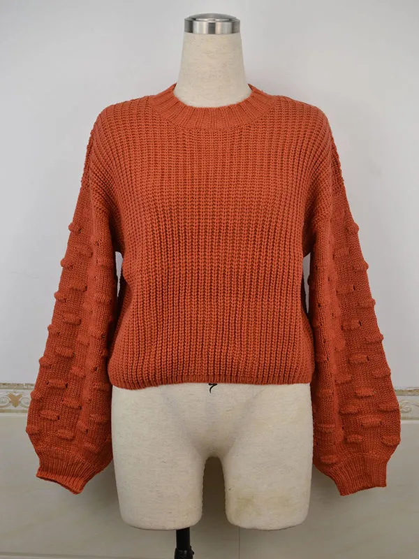 Long Sleeves Loose Hollow Solid Color Round-Neck Knitwear Pullovers Sweater Tops