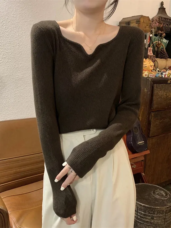 Long Sleeves Skinny Colorful Solid Color V-Neck Knitwear Pullovers Sweater Tops