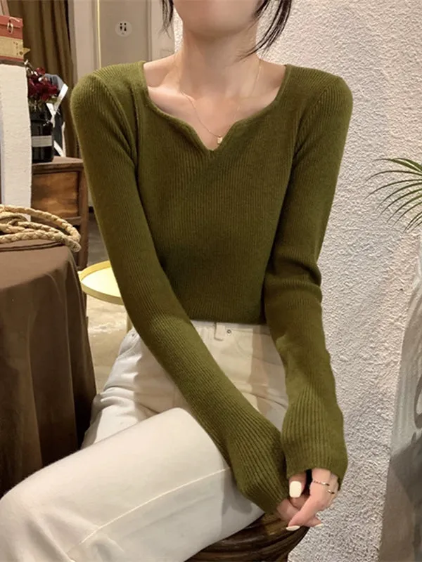 Long Sleeves Skinny Colorful Solid Color V-Neck Knitwear Pullovers Sweater Tops