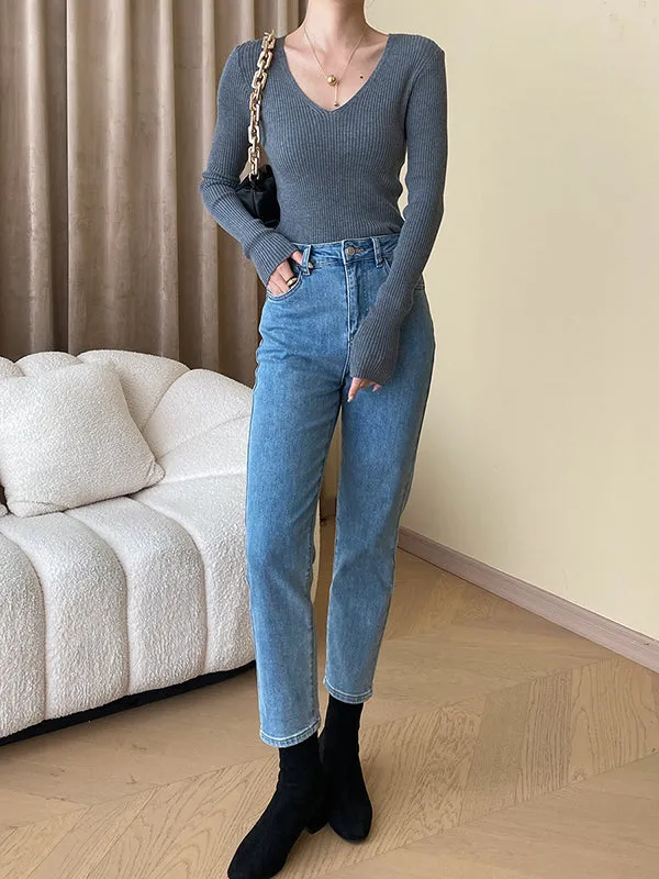 Long Sleeves Skinny Solid Color V-Neck Knitwear Pullovers Sweater