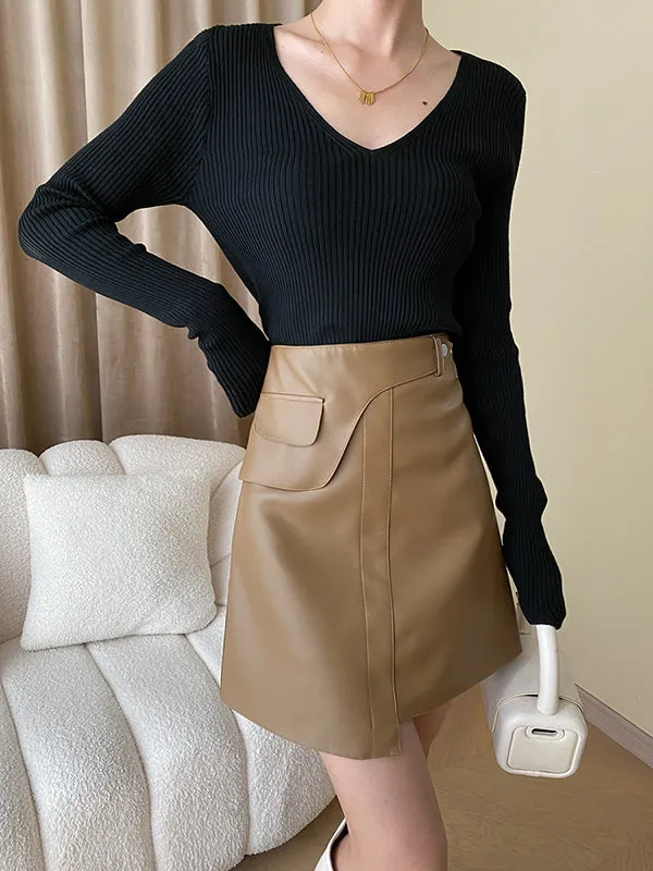 Long Sleeves Skinny Solid Color V-Neck Knitwear Pullovers Sweater