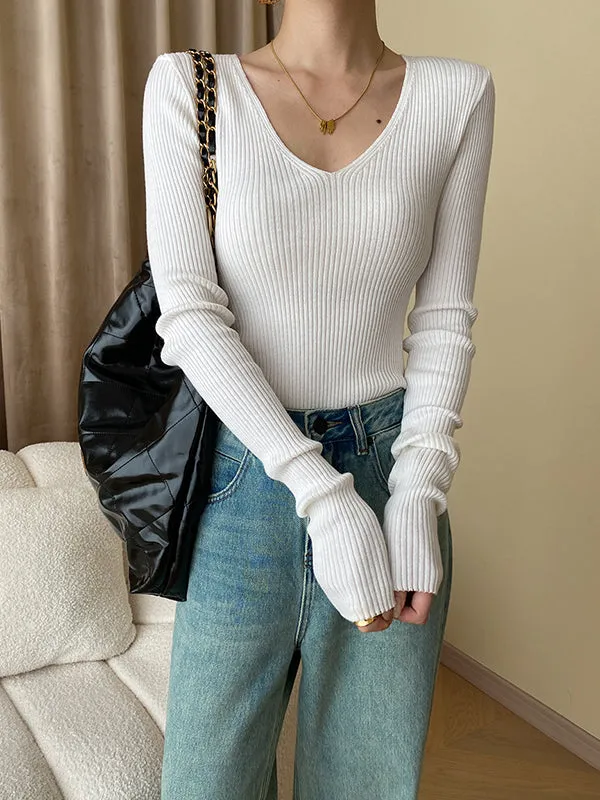 Long Sleeves Skinny Solid Color V-Neck Knitwear Pullovers Sweater