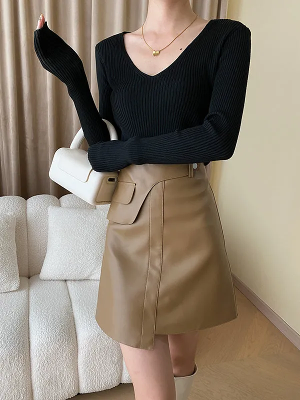 Long Sleeves Skinny Solid Color V-Neck Knitwear Pullovers Sweater