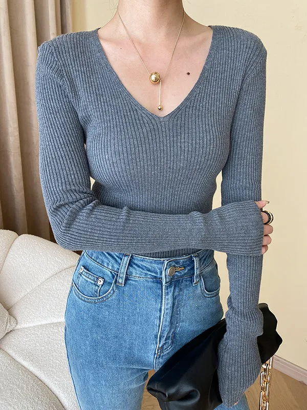 Long Sleeves Skinny Solid Color V-Neck Knitwear Pullovers Sweater