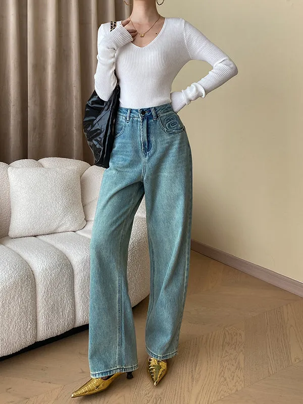 Long Sleeves Skinny Solid Color V-Neck Knitwear Pullovers Sweater