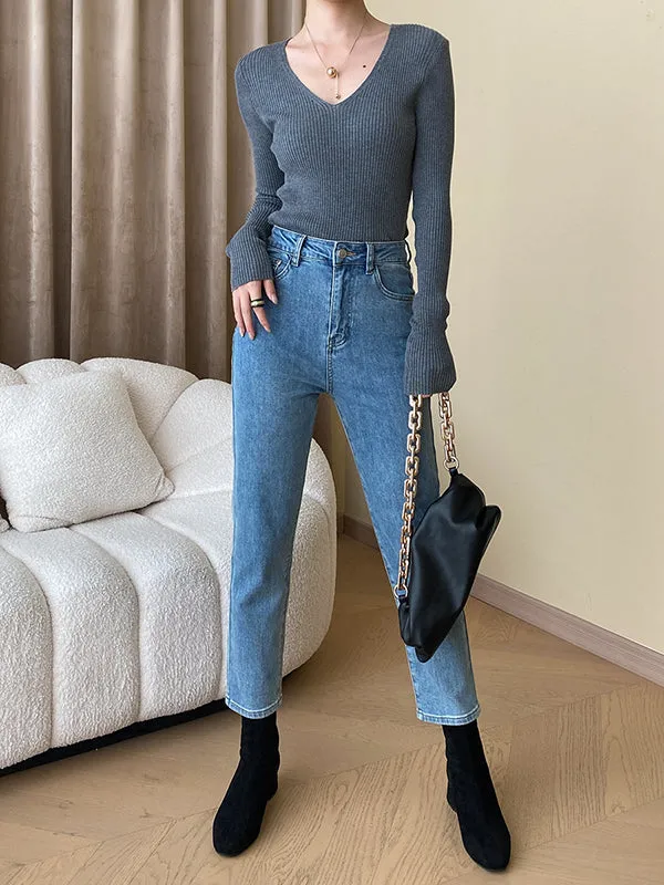 Long Sleeves Skinny Solid Color V-Neck Knitwear Pullovers Sweater