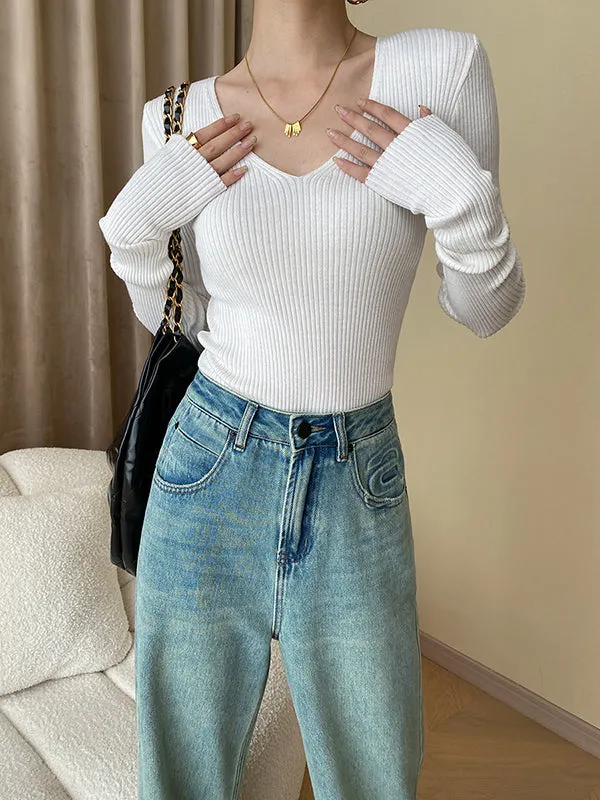 Long Sleeves Skinny Solid Color V-Neck Knitwear Pullovers Sweater