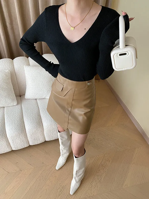 Long Sleeves Skinny Solid Color V-Neck Knitwear Pullovers Sweater