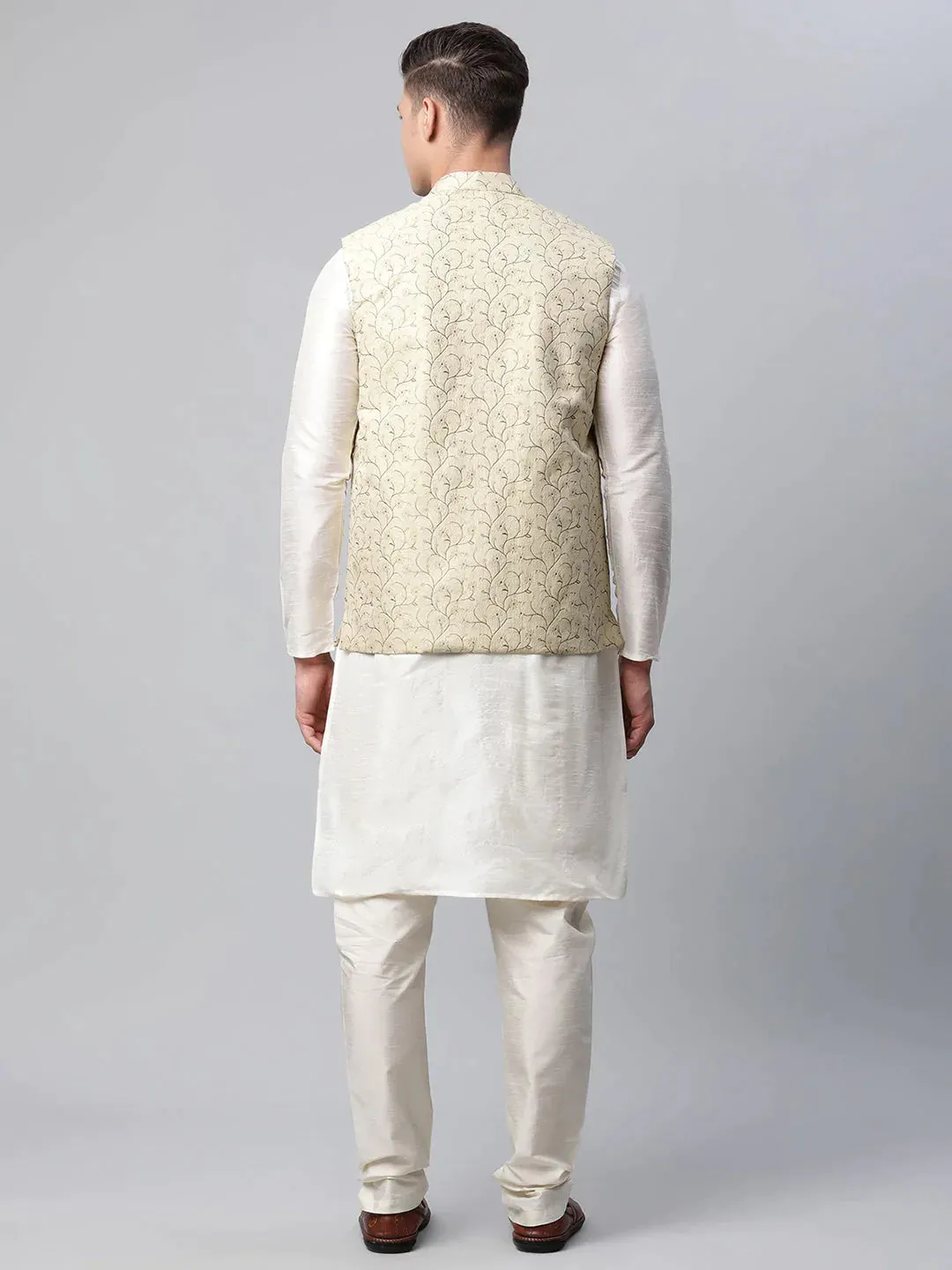 Men Dupion Silk Kurta Pyjama With Beige Printed Nehru Jacket