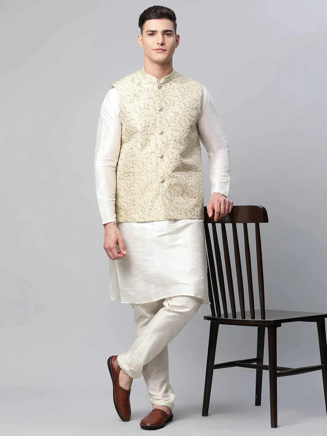 Men Dupion Silk Kurta Pyjama With Beige Printed Nehru Jacket