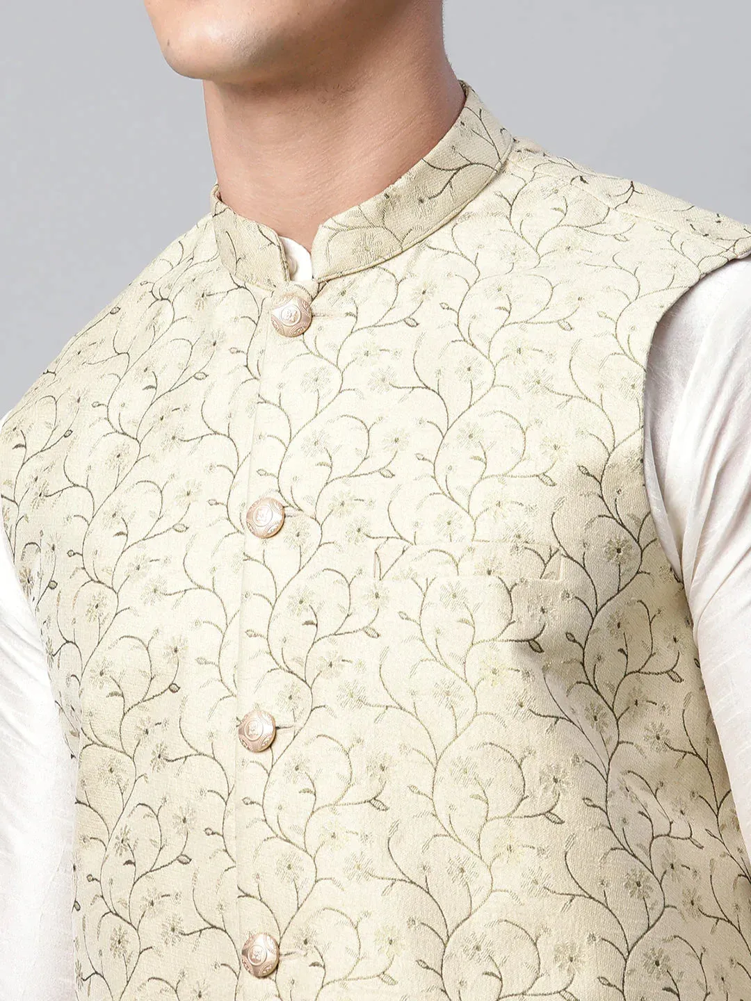 Men Dupion Silk Kurta Pyjama With Beige Printed Nehru Jacket