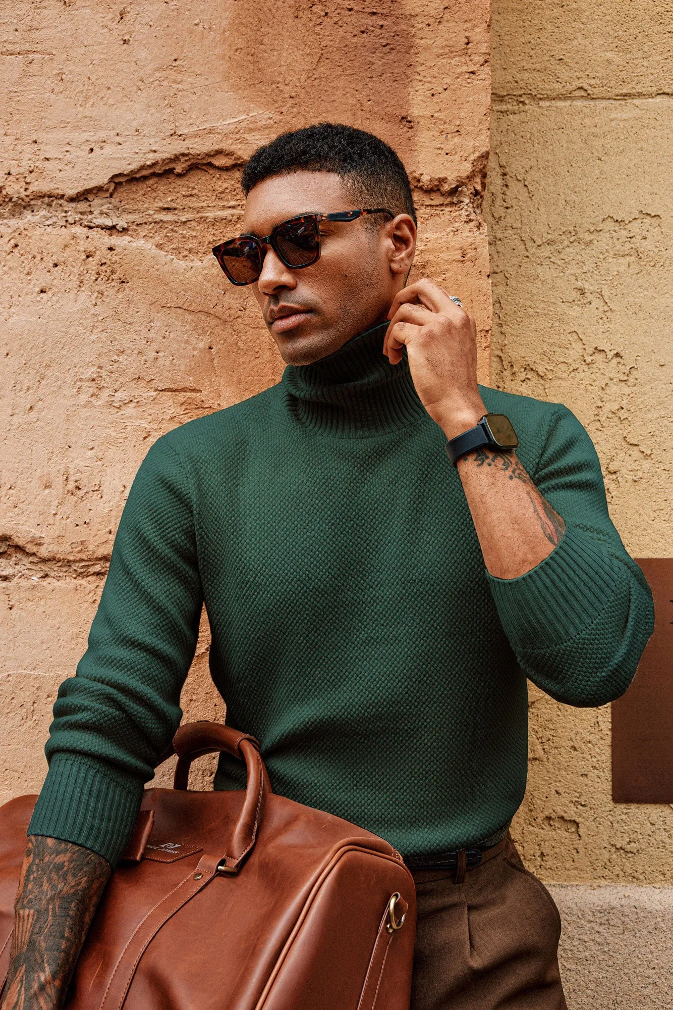 Men Turtleneck Sweater Long Sleeve Ribbed Cuff Textured Pullover Jumper