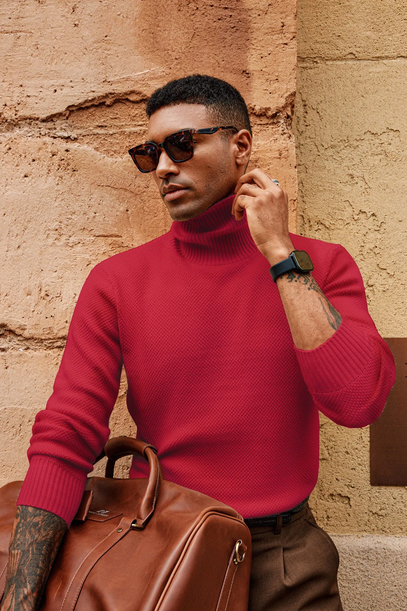 Men Turtleneck Sweater Long Sleeve Ribbed Cuff Textured Pullover Jumper