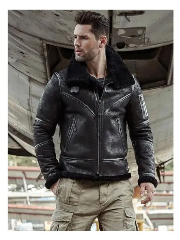 Mens Aviator Winter Coat Fur Bomber Leather Jacket