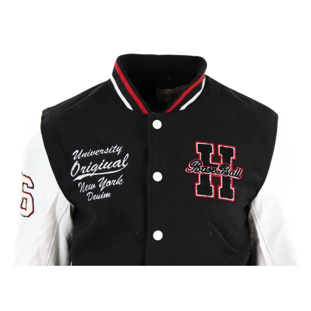 Mens Baseball Varsity Letterman College Fleece Jacket Badge PU Leather Sleeves