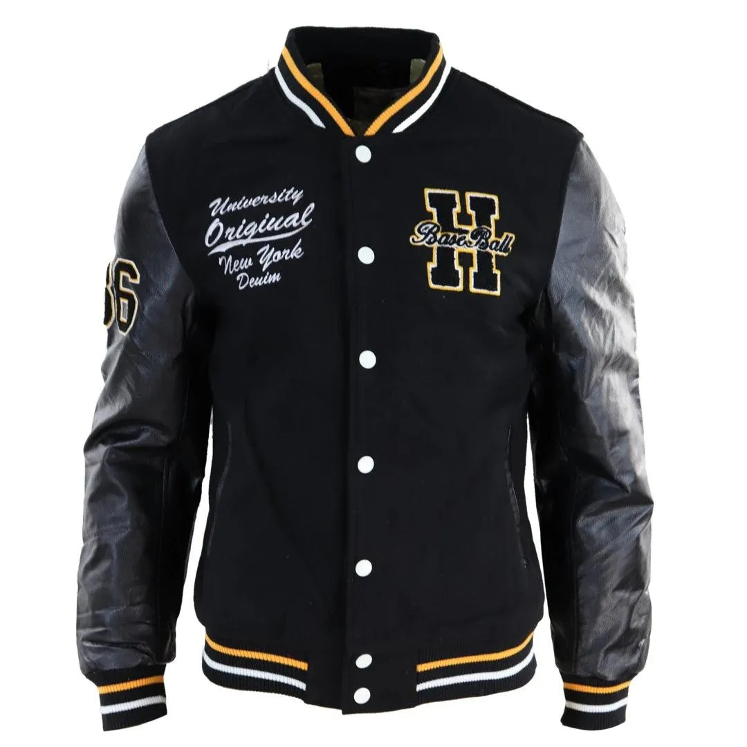 Mens Baseball Varsity Letterman College Fleece Jacket Badge PU Leather Sleeves