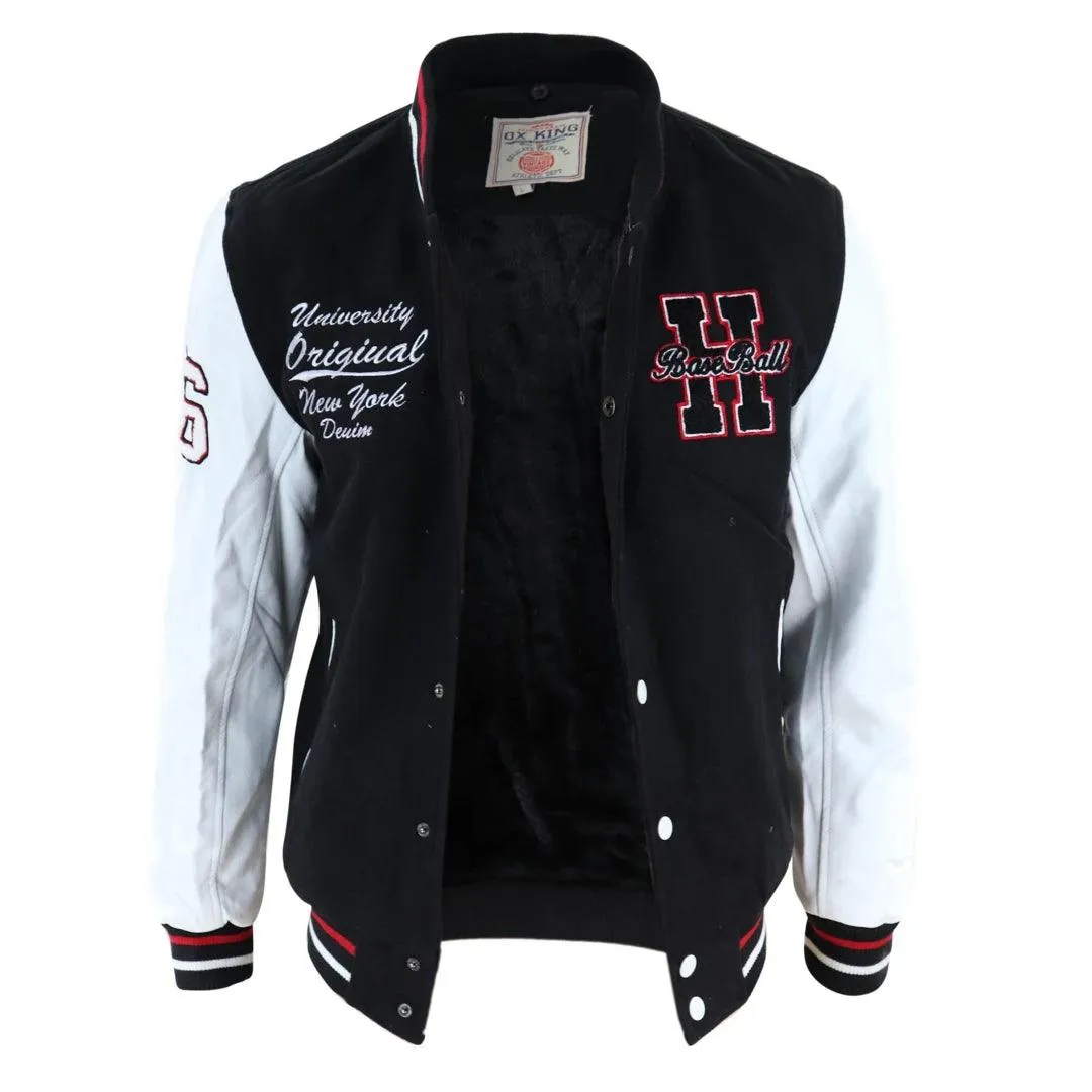 Mens Baseball Varsity Letterman College Fleece Jacket Badge PU Leather Sleeves