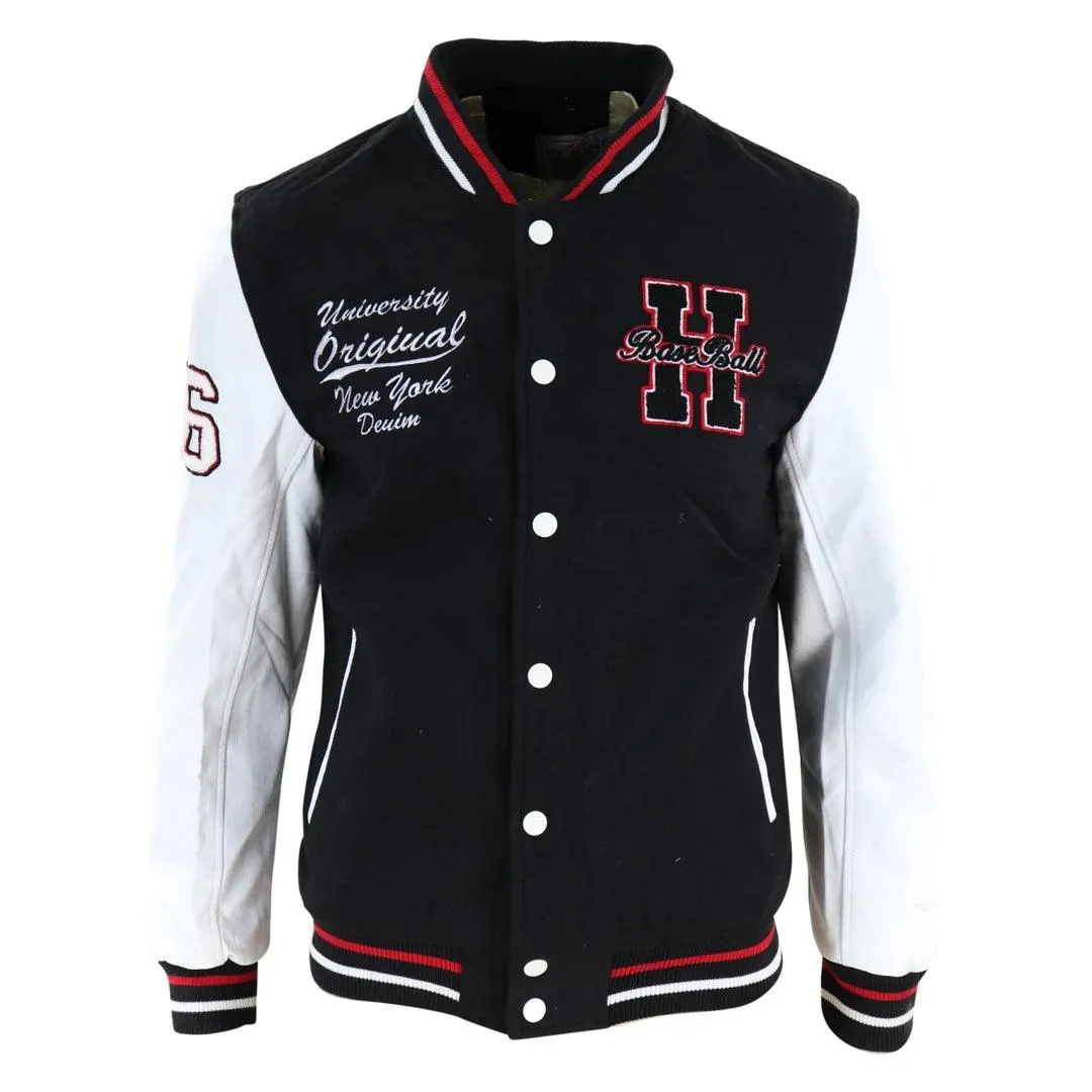 Mens Baseball Varsity Letterman College Fleece Jacket Badge PU Leather Sleeves