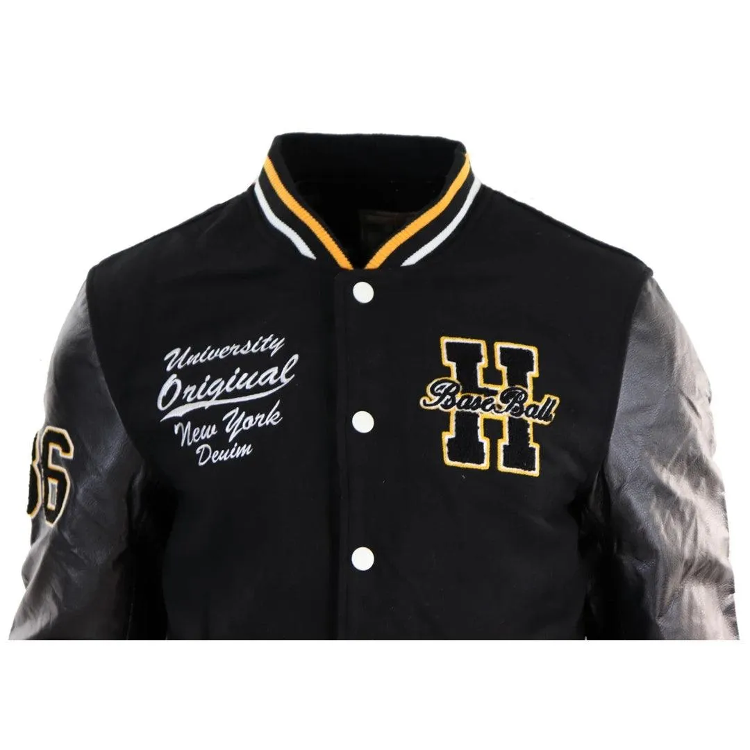 Mens Baseball Varsity Letterman College Fleece Jacket Badge PU Leather Sleeves