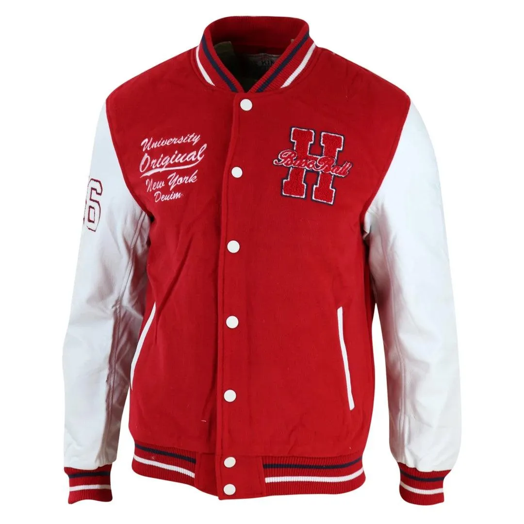 Mens Baseball Varsity Letterman College Fleece Jacket Badge PU Leather Sleeves