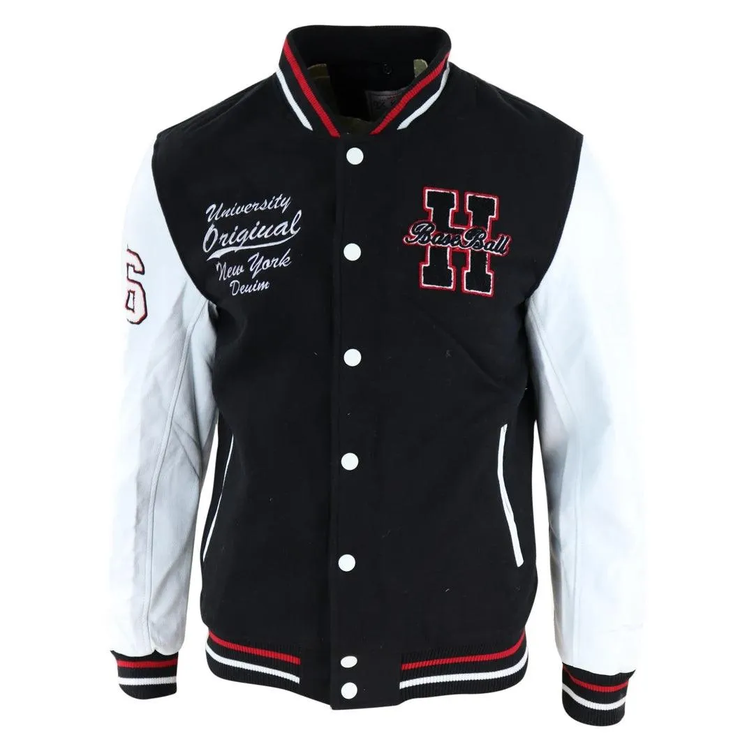 Mens Baseball Varsity Letterman College Fleece Jacket Badge PU Leather Sleeves