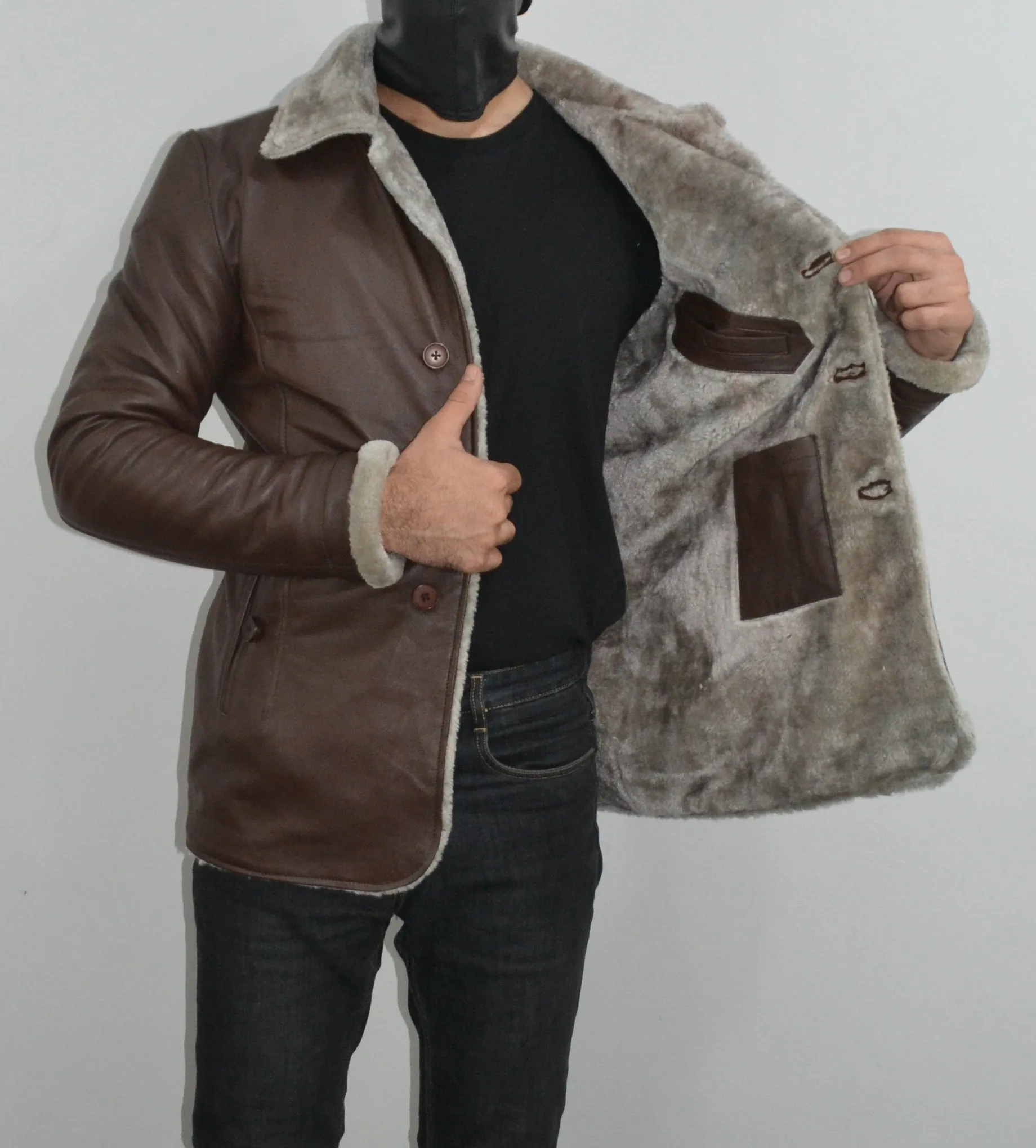 Men's Brown Fur Collar Slim Fit Leather Blazer Jacket